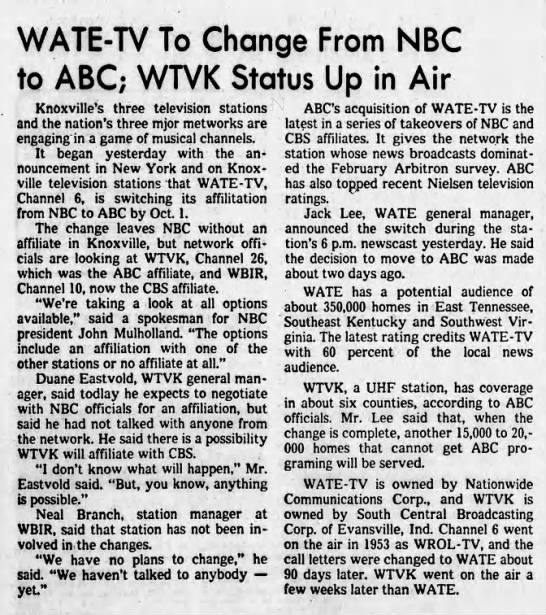 WATE-TV To Change From NBC to ABC: WTVK Status Up in Air - 