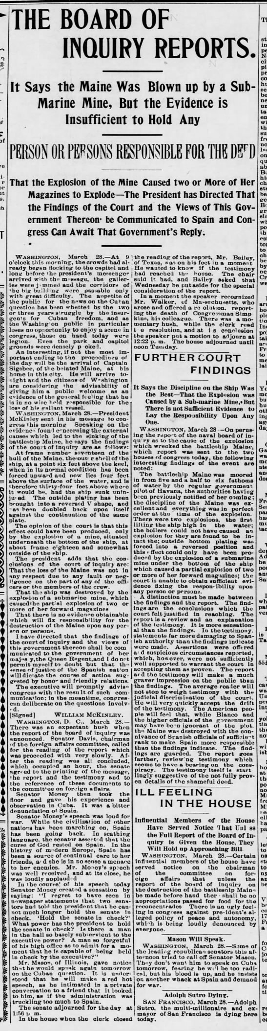 1898 court of inquiry determines Maine explosion was caused by underwater mine - 