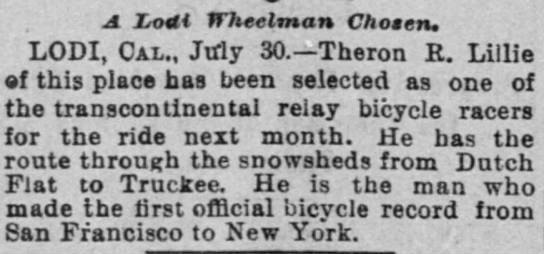 A Lodi Wheelman Chosen.
Theron R. Lillie chosen transcontinental relay - 