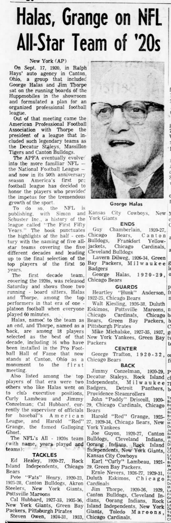 Halas, Grange on NFL All-Star Team of '20s - 