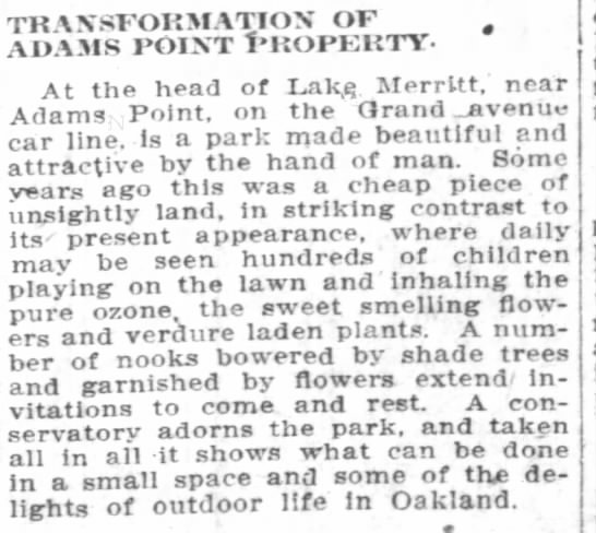 1910-11 transformation of unsightly land into vibrant park - 