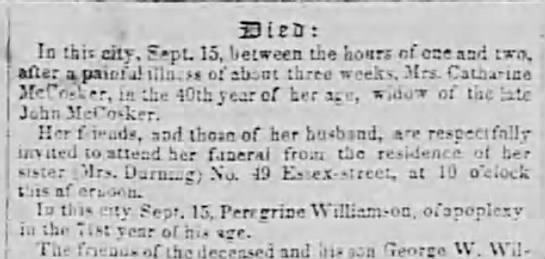 1841 - Peregrine Williamson death notice, of apoplexy - 