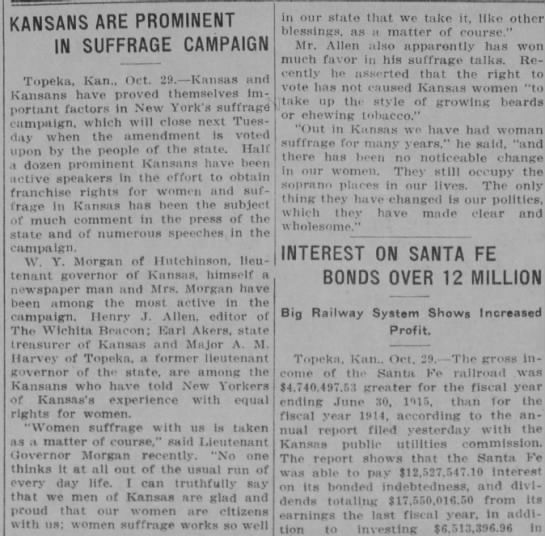 Kansans prove to be "important factors in New York's suffrage campaign," 1915 - 