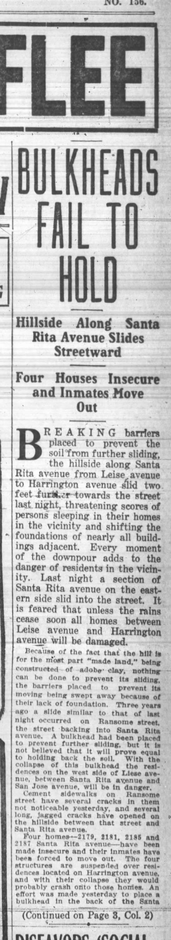 Banner headline: Homes Totter; Many Flee [Santa Rita Avenue landslide] - 