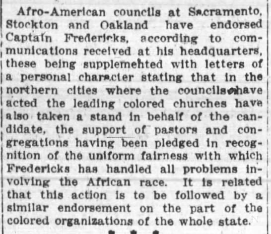 Afro-American Council -- Sacramento, Stockton, and Oakland endorse Captain Fredericks. - 