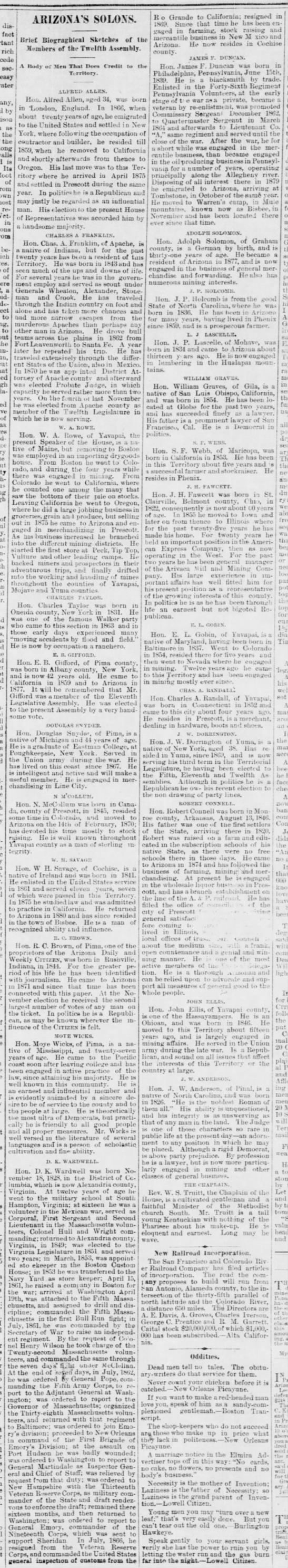 Biographical Sketches of Members of the Territorial Legislature in 1883 - 