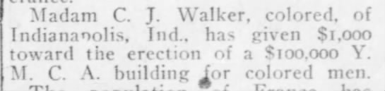 Madam C.J. Walker donates $1,000 towards building of Indianapolis YMCA, 1911 - 