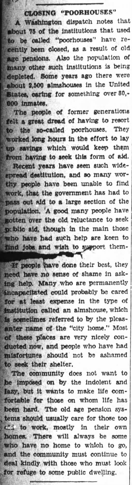Article about why many poorhouses are closing, 1938 - 