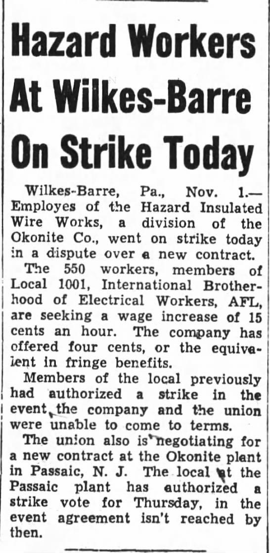 Hazard Workers at Wilkes-Barre on Strike Today - 