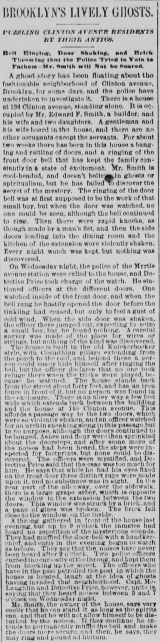 "Brooklyn's Lively Ghosts Puzzling Clinton Avenue Residents by Their Antics" (1878) - 