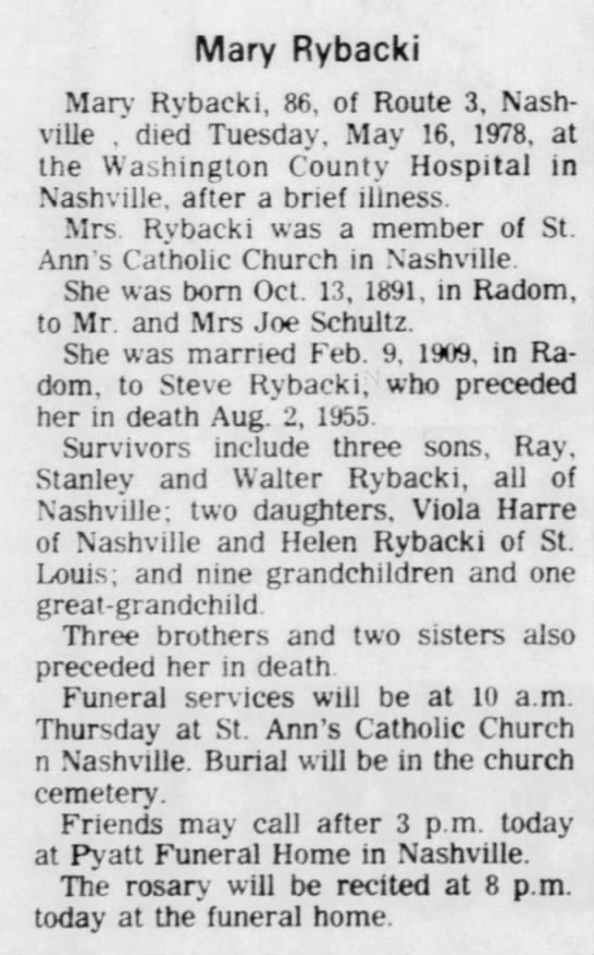 Obituary for Mary Rybacki, 1891-1978 (Aged 86) - 