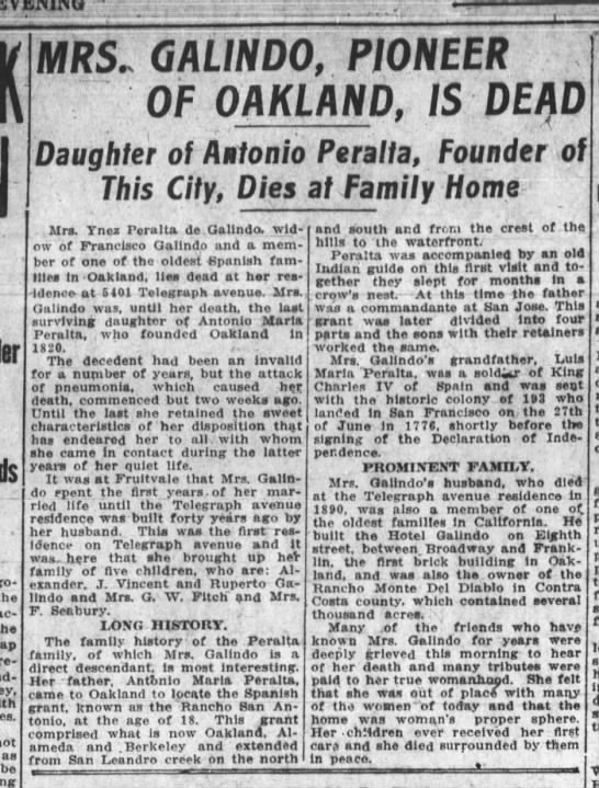 Ynez Peralta Galindo obituary_Oakland Tribune_2 Jan 1913 - 