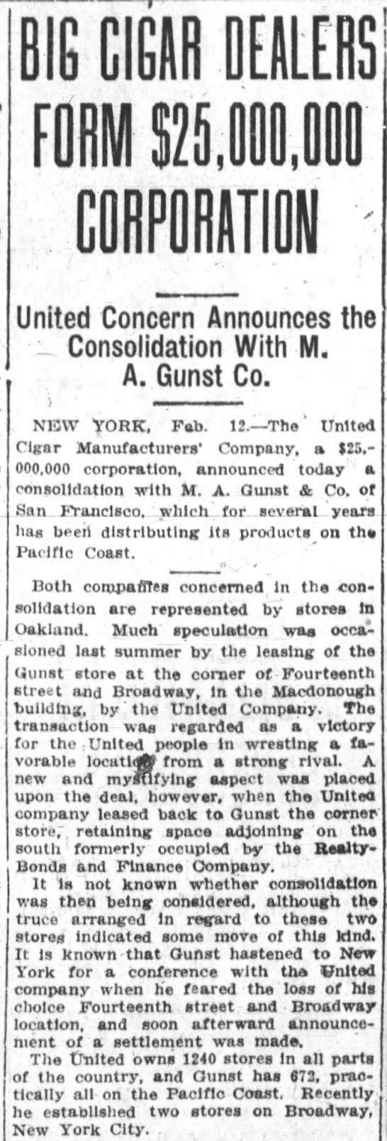 M.A. Gunst and United Cigars merge - 