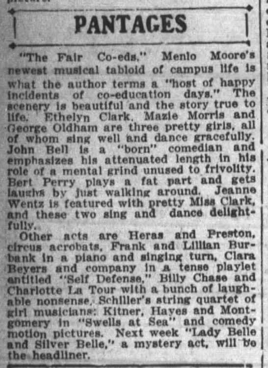 Pantages theater "The Fair Co-eds", Clara Boyers in "Self Defense" - 