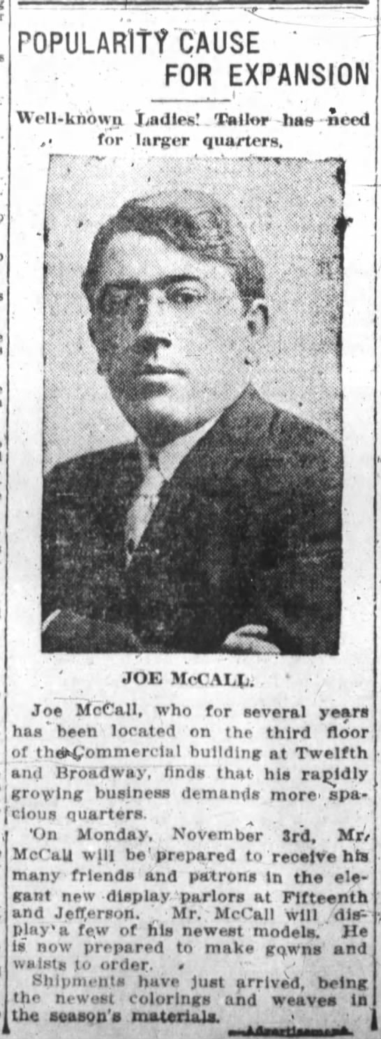 Joe McCall - moving to 15th and Jefferson for larger quarters - 