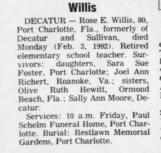 Willis Rose Feb 1992 Obit Newspapers Com