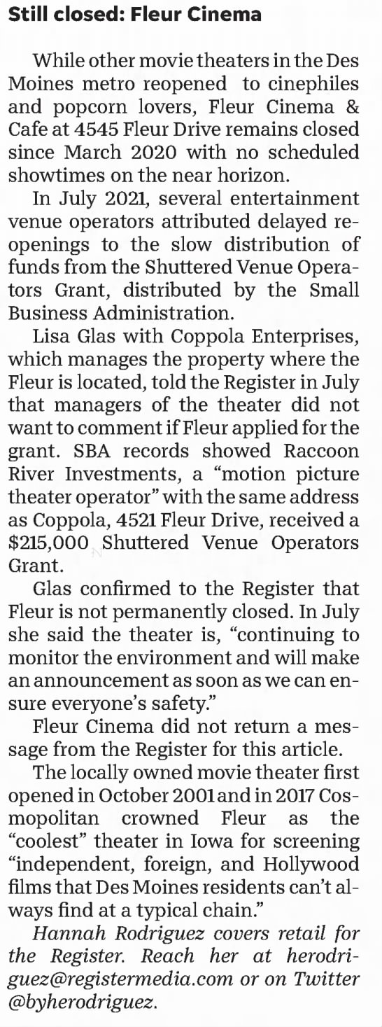 Fleur Cinema remains closed - 