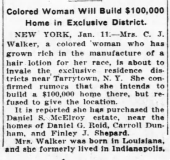 Madam C.J. Walker purchases home in exclusive New York neighborhood, 1917 - 