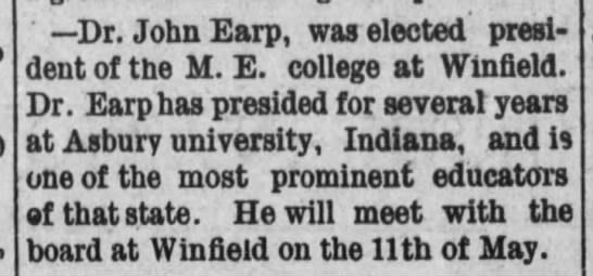 John Earp named President of Southwest Kansas College (Southwestern University) - 