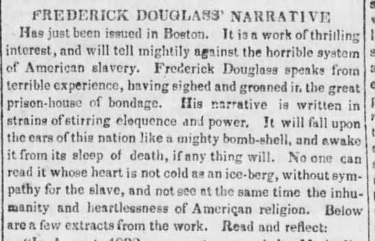Frederick Douglass publishes his 1845  autobiography "Narrative of the Life of Frederick Douglass" - 