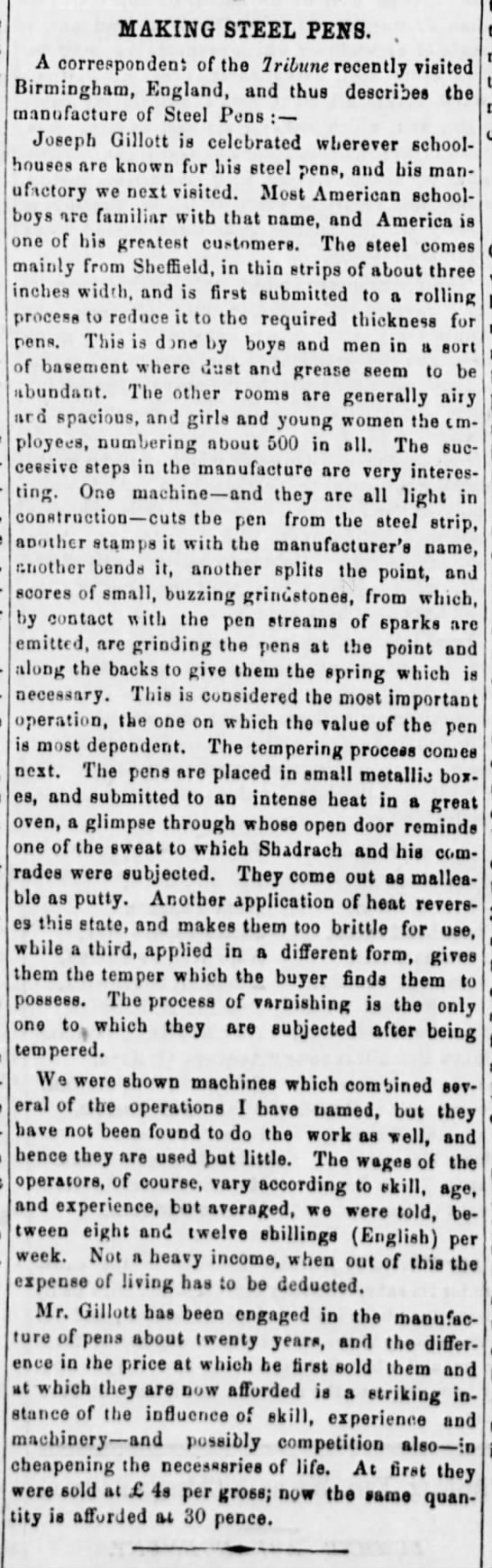 1859 - Making Steel Pens - Gillott, from Tribune - 