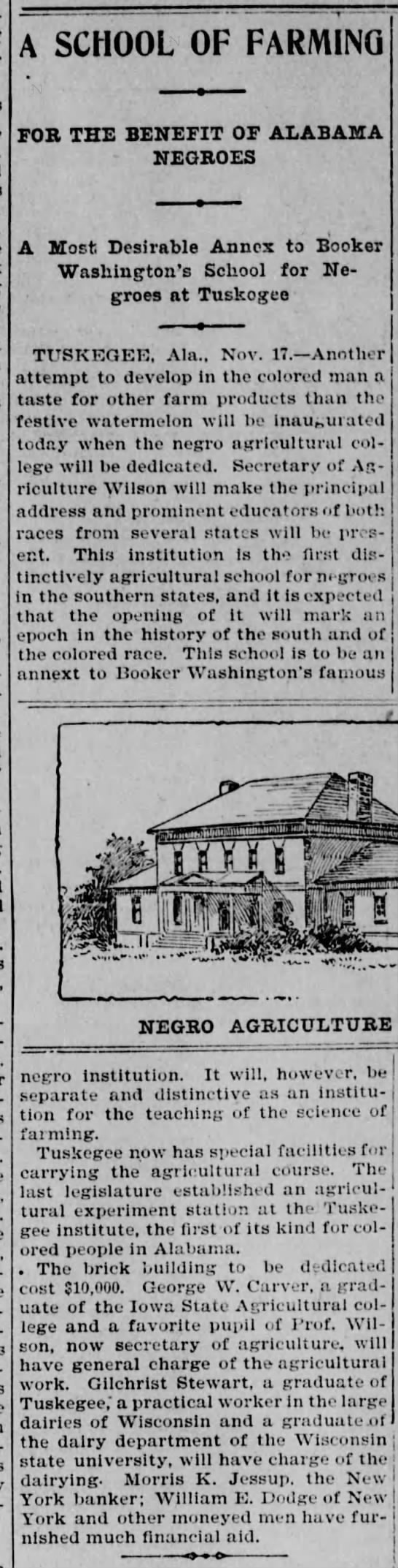 George Washington Carver to head Agriculture Department at Tuskegee Institute, 1897 - 