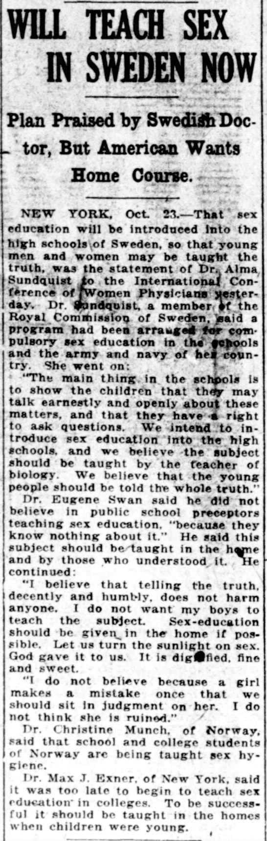 Will Teach Sex in Sweden Now. The Washington Times (Washington, D. C.) 23 October 1919, p 2 - 