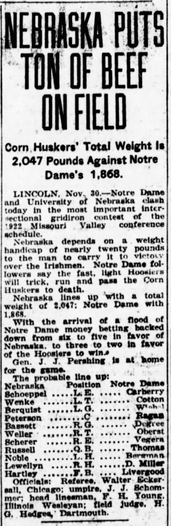 1922 Nebraska-Notre Dame weight totals - 