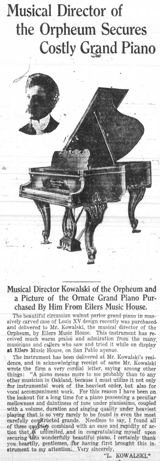 Eilers Music House - director of Orpheum purchases grand piano - 