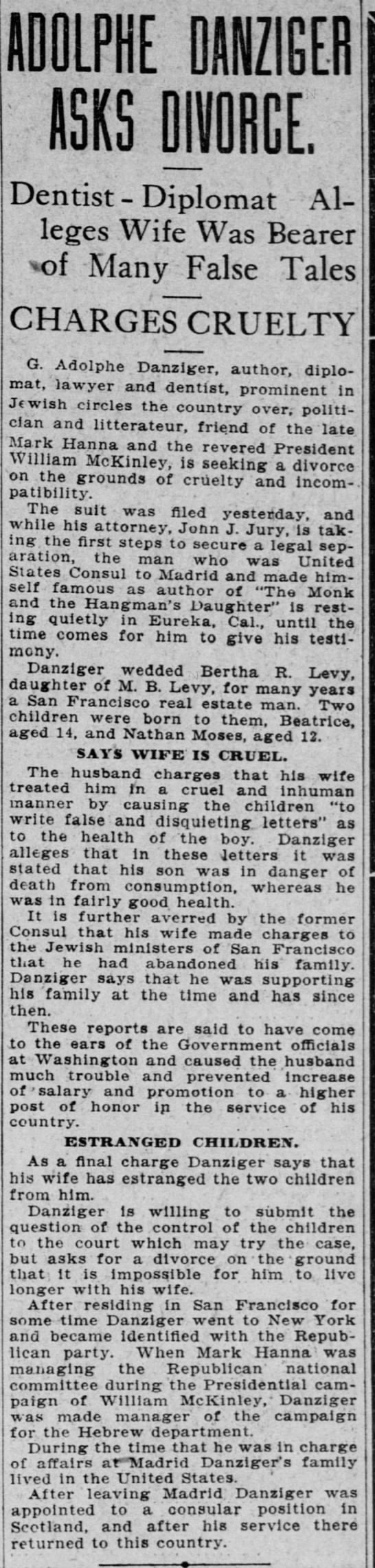 "Adolphe Danziger Asks Divorce" (Adolphe de Castro) - 