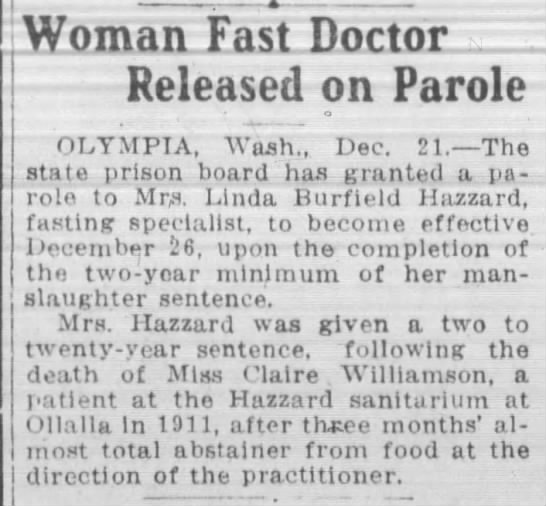 Woman Fast Doctor Released on Parole (Linda Hazzard) - 