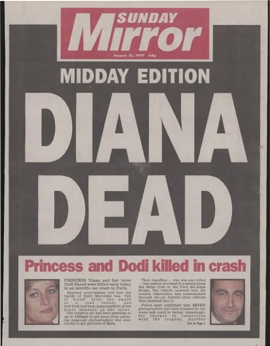 Sunday Mirror front page from August 31, 1997, covering Princess Diana's death - 
