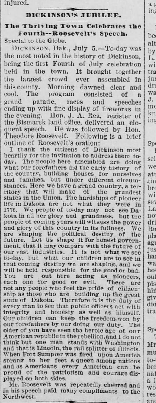 6 July 1886 Theo Roosevelt speaker at Dickinson, Dakota Fourth of July Jubilee - 