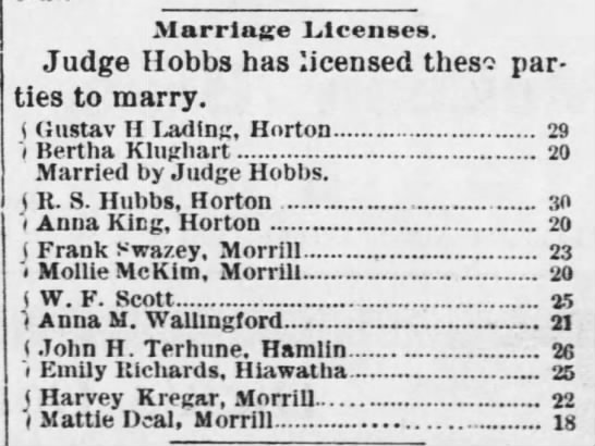 Marriage Licenses, Brown County World (Hiawatha, KS), 6 Mar 1896 ...