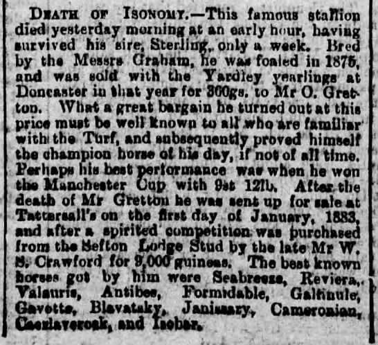 1891 obituary for Isonomy, the "champion horse of his day" - 