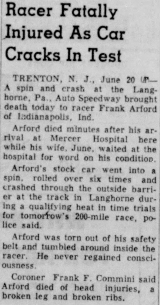 Death of race car driver Frank Arford - 