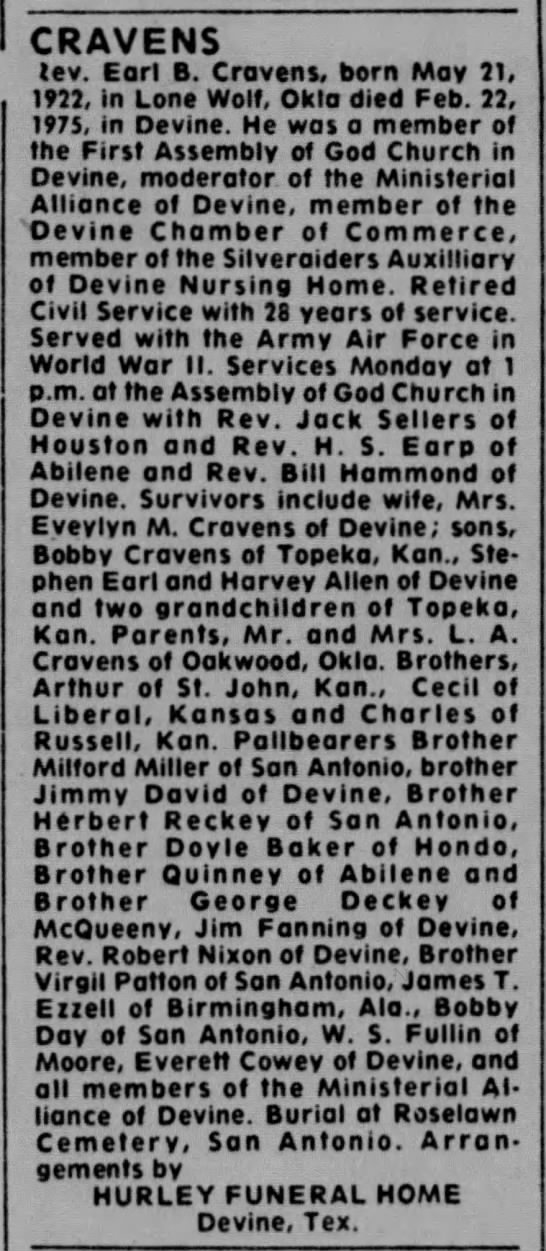 Feb 24, 1975, San Antonio Express, Earl Cravens obit mentions ...