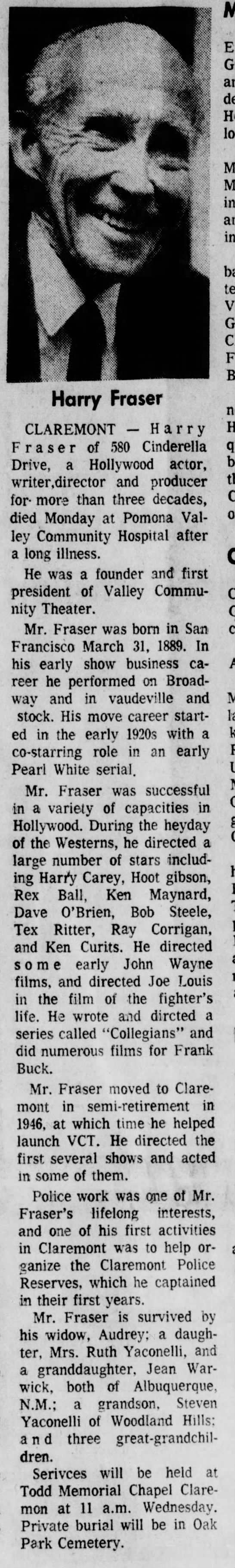 Death notice on movie director Harry Fraser.  He directed scores of westerns in early Hollywood. - 