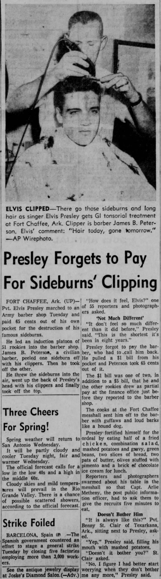 Elvis Presley gets hair cut for army 