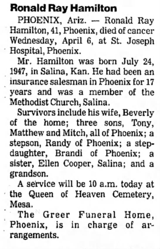 Obituary for Ronald Ray Hamilton (Aged 41) - 