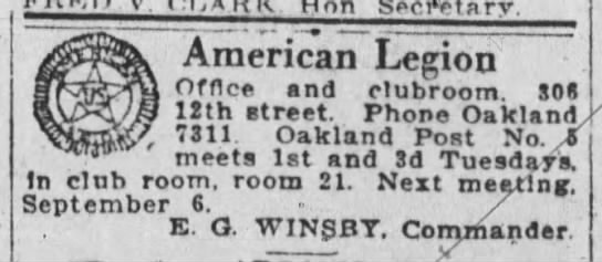 E G Winsby commander of American Legion in Oakland 24 Aug 1920 - 