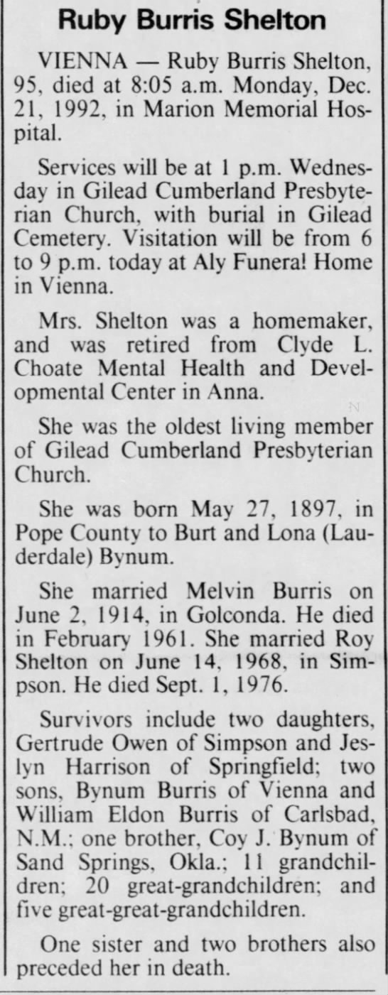Obituary for Ruby Burris Shelton, 1897-1992 (Aged 95)
