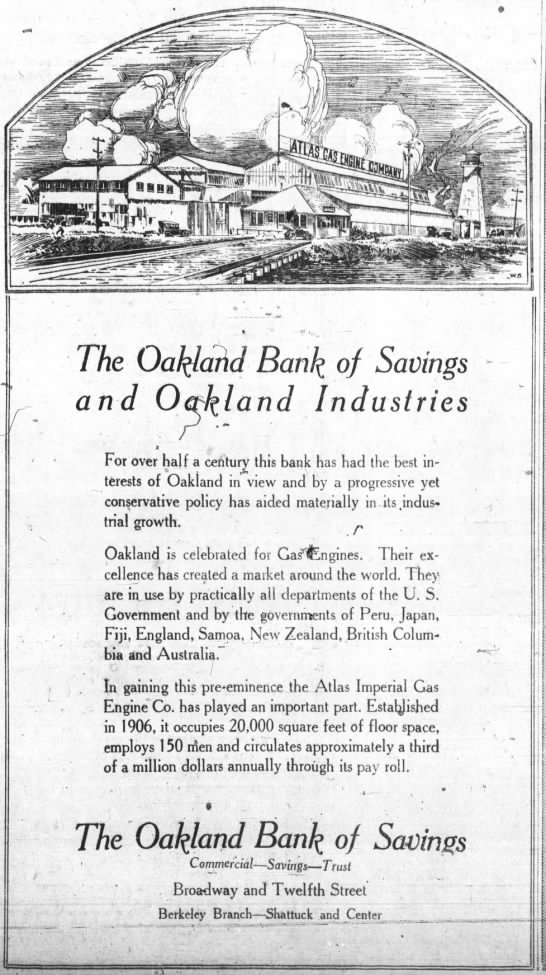 Oakland Bank of Savings -- ad about Atlas Imperial Gas Engine Co. - 