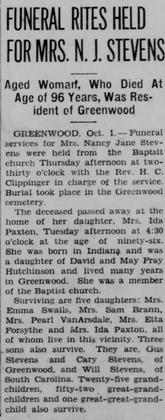 Nancy Jane Hutchinson obituary. - 