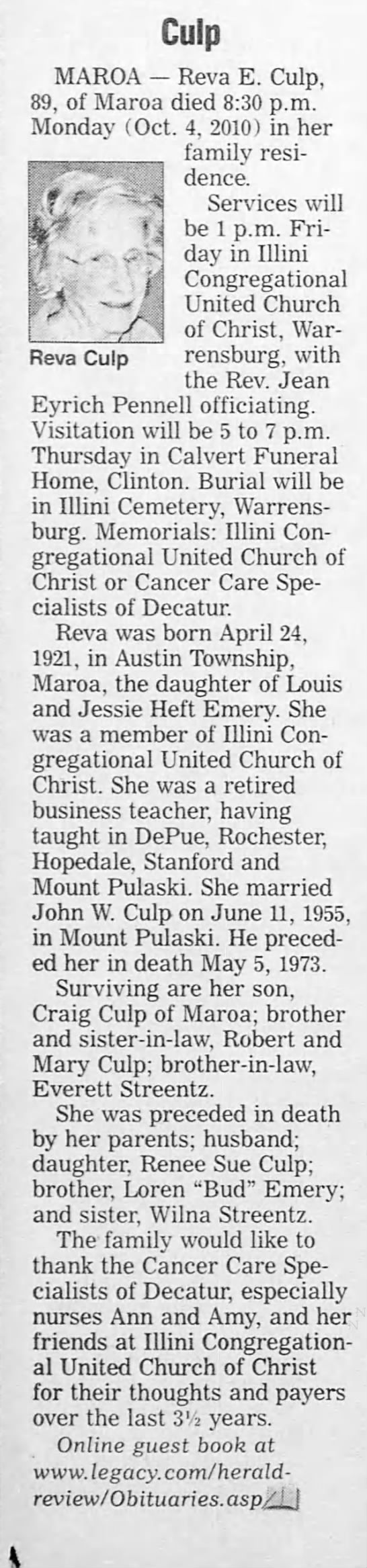 Obituary: Reva E. Culp nee Emery, 1921-2010 (Aged 89) - 
