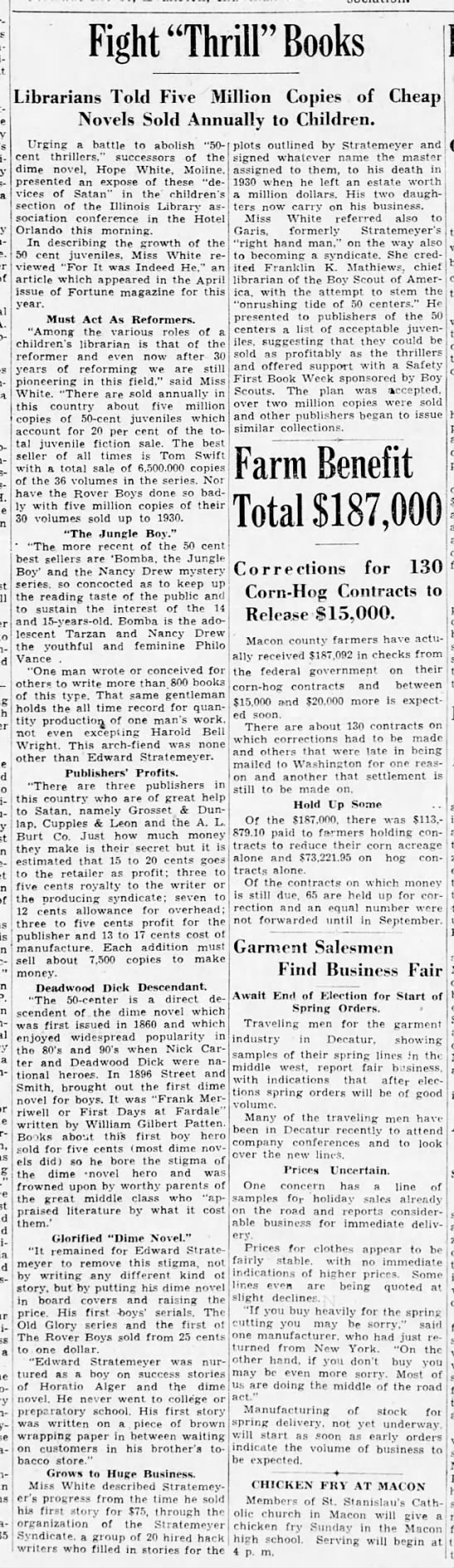 Librarian is against "50-cent" juvenile books like Nancy Drew, 1934 - 