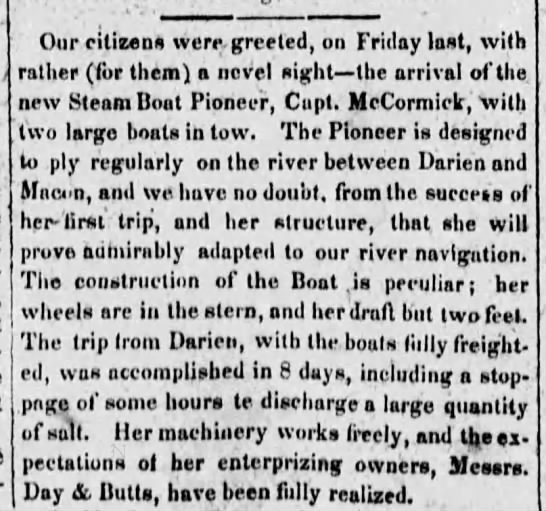Steamboat "Pioneer" begins shipping cotton on the Ocmulgee River from Macon 1833 - 