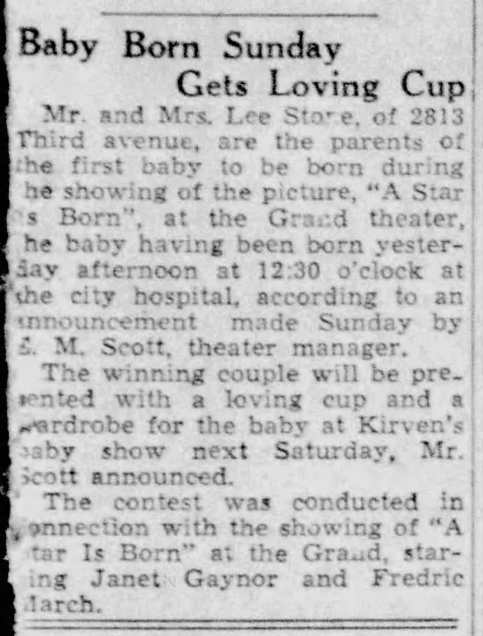 Baby born to Mr. and Mrs. Lee Stone - 1937 - 