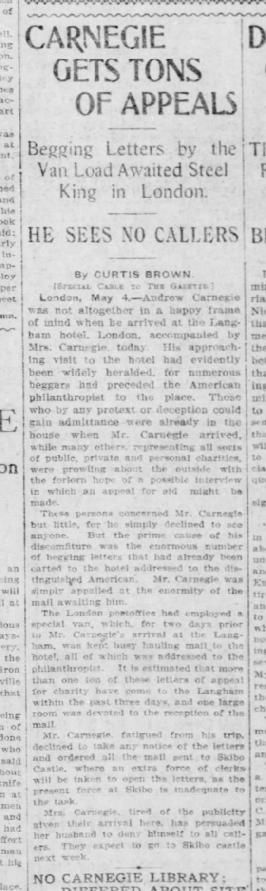 Andrew Carnegie receives 1 ton of begging letters in 3 days - Pgh Gazette 5 May 1903 p1 - 