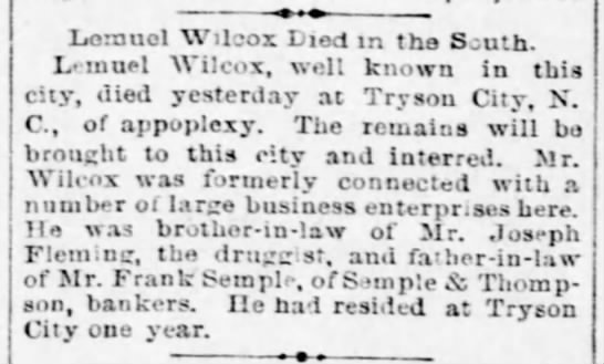 1889 Feb 07 - Lemuel Wilcox Died in the South - Pittsburgh Daily Post - 